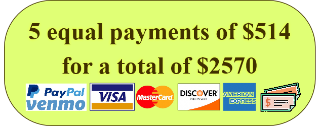 Click here to pay your first tuition payment and then agree to four additional payments of $514 to your card every 30 days for the next four months. The total will be $2570, which includes $220 or 9.4% interest over these five payments. Payments that are missed will be reattempted 3 days and then again 5 days after the initial missed payment. If the payment is not paid within 7 days of the first day of the month, RMETI reserves the right to revoke your enrollment with no refund of previous payments. 